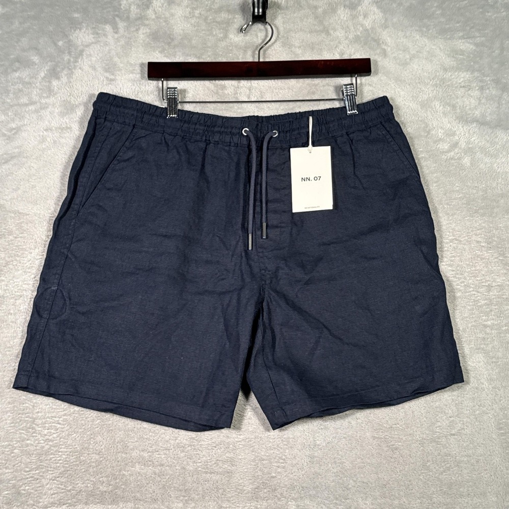 NN.07 Shorts Mens XL Navy Gregor Linen Drawstring Chino 8 Inch Lined Elastic